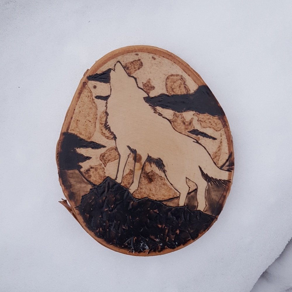 Wood Burned Wolf Howling at the Moon